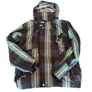 686 Men's Medium Smarty Snowboard Ski Jacket Green Plaid Hooded Shell - Men's